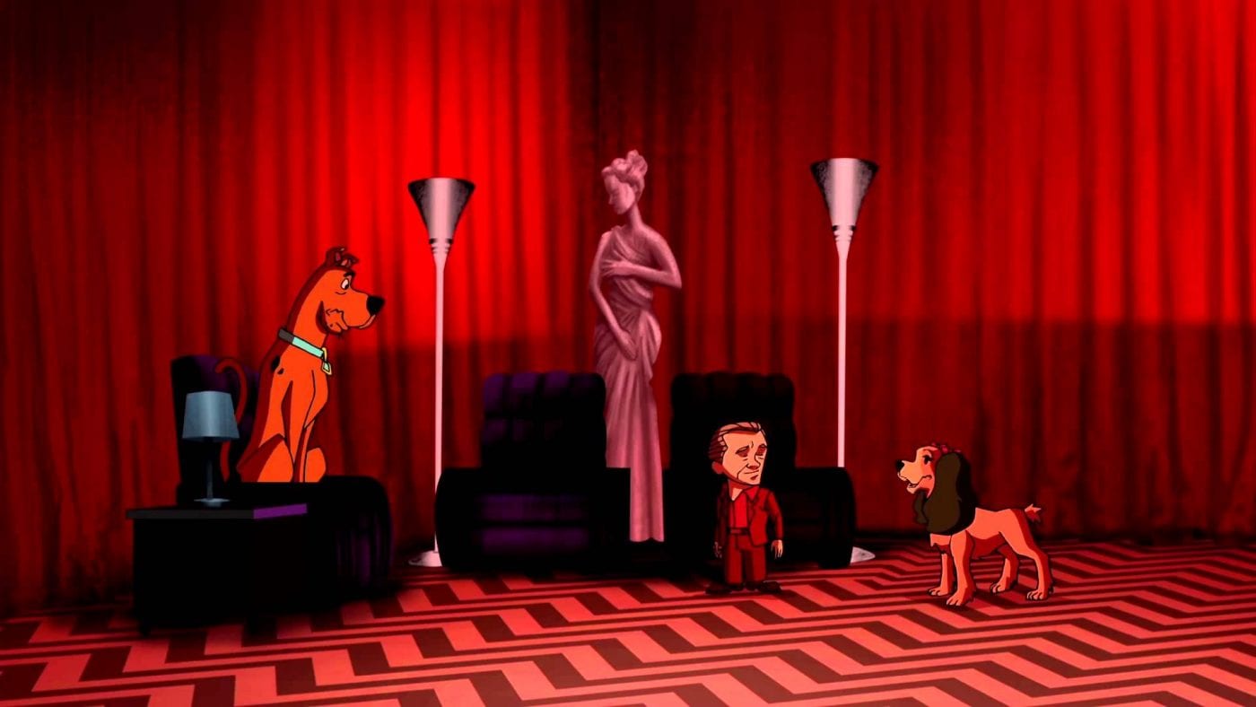 Scooby Doo and Lady and the LMFAP in the cartoon red room