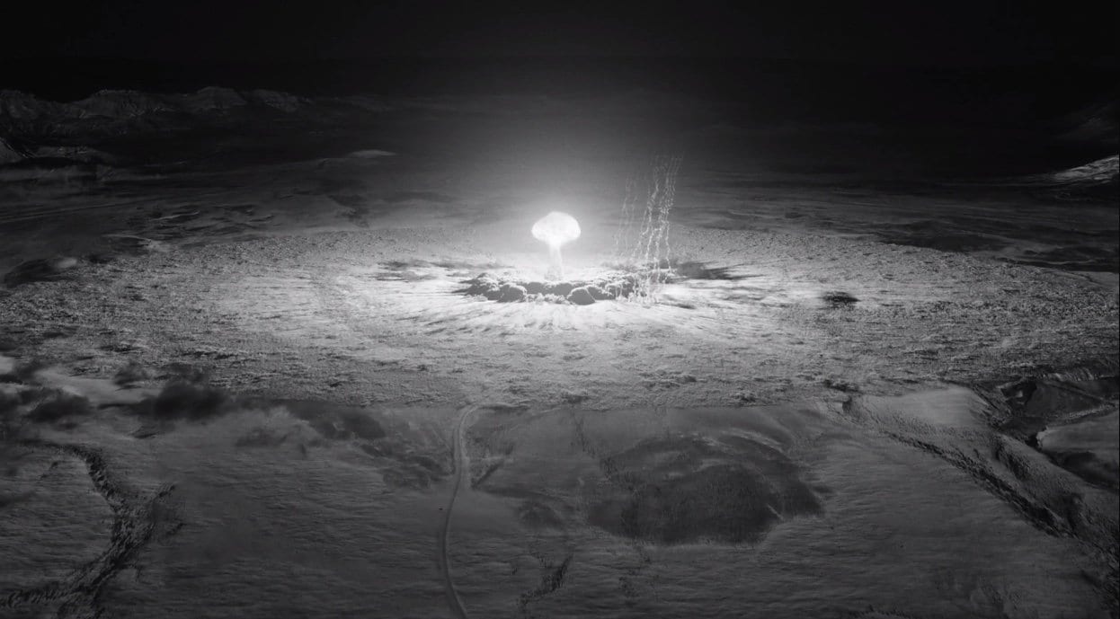 A mushroom cloud in the desert in black and white in Twin Peaks The Return Part 8