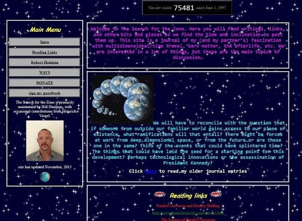 A screenshot of The Search for the Zone website with a picture of Bill Hastings on it