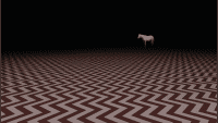 the black lodge chevron floor pattern goes on infinitely into the blackness, where a white horse can be seen in the distance.