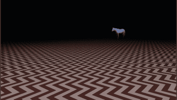 the black lodge chevron floor pattern goes on infinitely into the blackness, where a white horse can be seen in the distance.