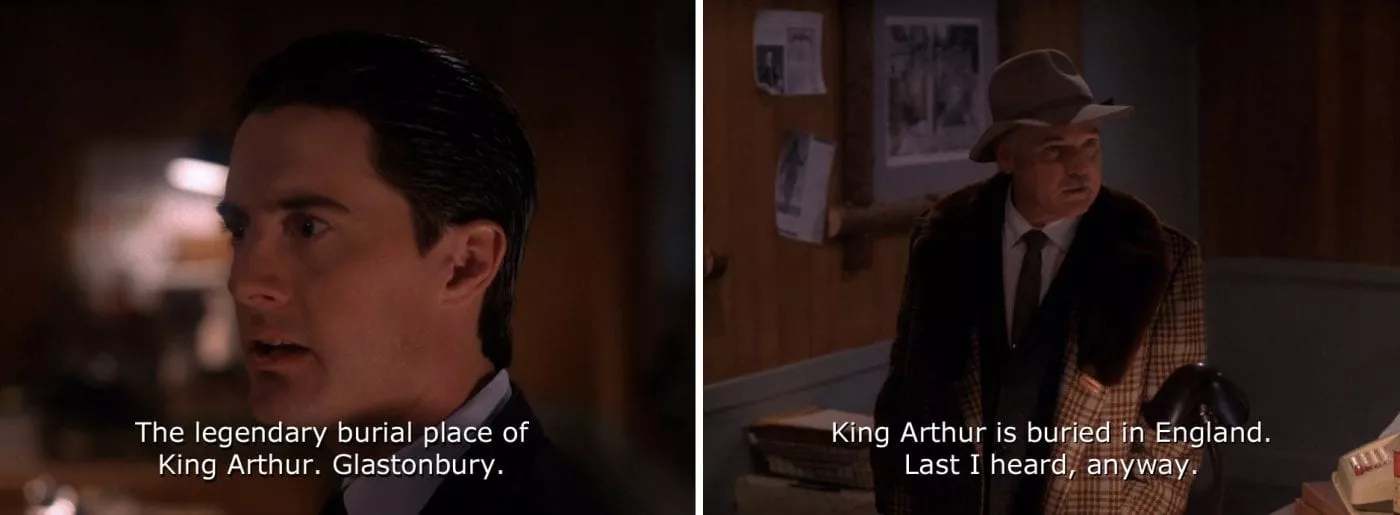 screenshots from Twin Peaks, Agent Cooper and Pete Martell talk about King Arthur's burial place