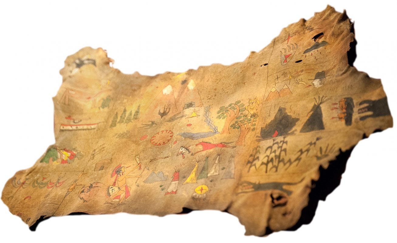 A map on rawhide features various symbols including black corn