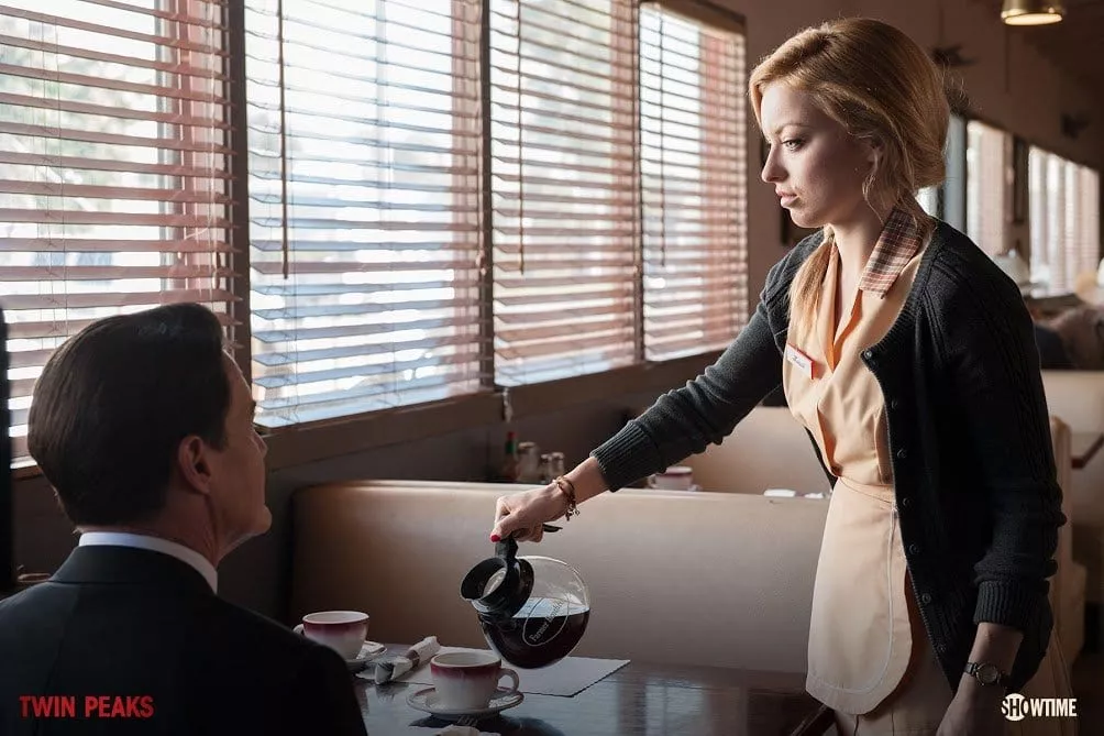 Agent Cooper at an Odessa Diner called Judy's with a Waitress called Kristi who pours him coffee