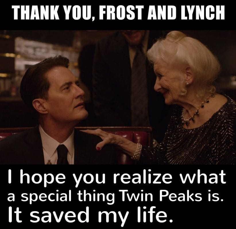 Dougie Cooper and Lady Jackpots with message from Gisela saying thanks to Lynch and Frost for Twin Peaks