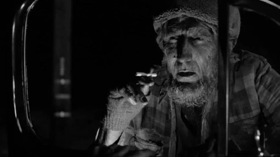 Woodsman peers through a car window to ask for a light for his cigarette