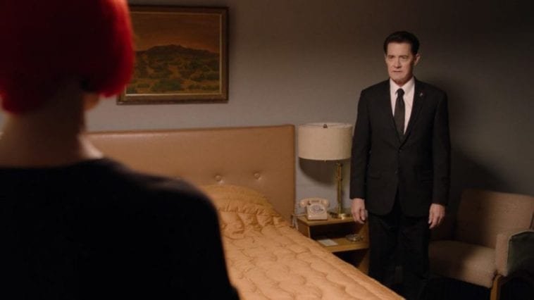 Diane and Cooper acting awkwardly in a motel room