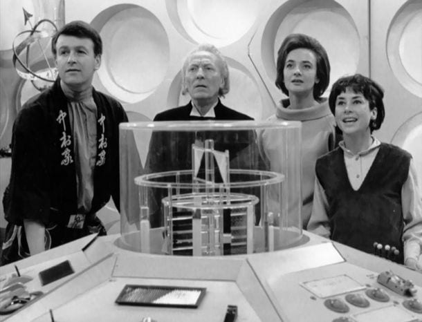 Hartnell as the Doctor with his team in the Tardis