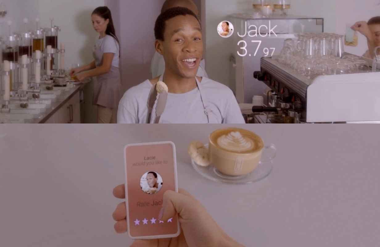 The barista Jack smiles in Nosedive as Lacie rates him on her phone
