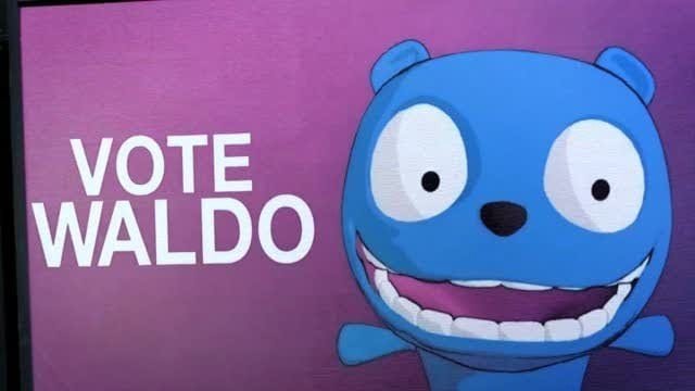 Waldo appears on a poster that says "Vote Waldo"