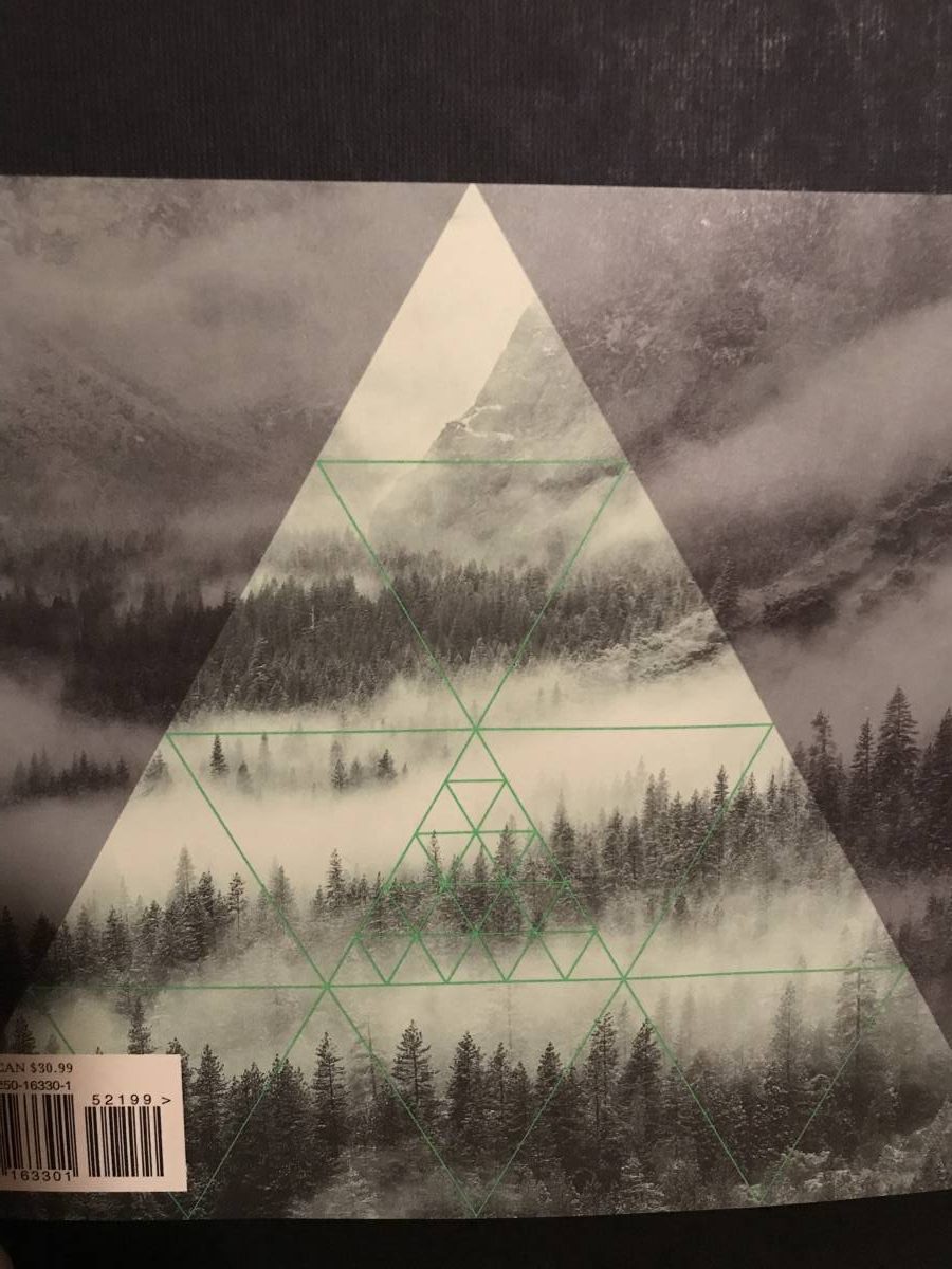 The back cover image is of Twin Peaks trees from above with fog rolling through them. There is a lighter triangle shape superimposed over the top.