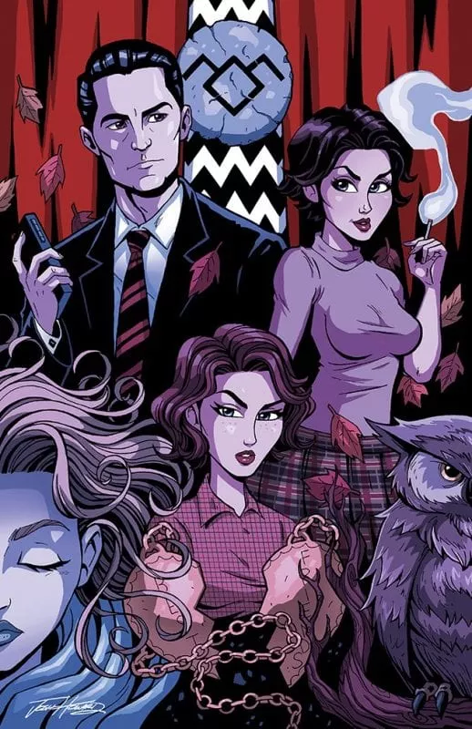 A montage of Twin Peaks characters and objects in comic art style: Cooper, Audrey, Laura, Donna, an owl