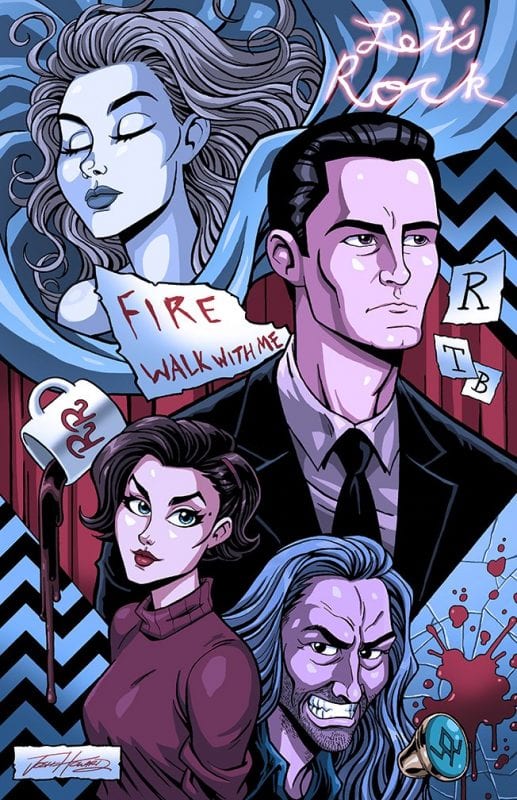 A montage of Twin Peaks characters and objects in comic art style: Cooper, Audrey, BOB