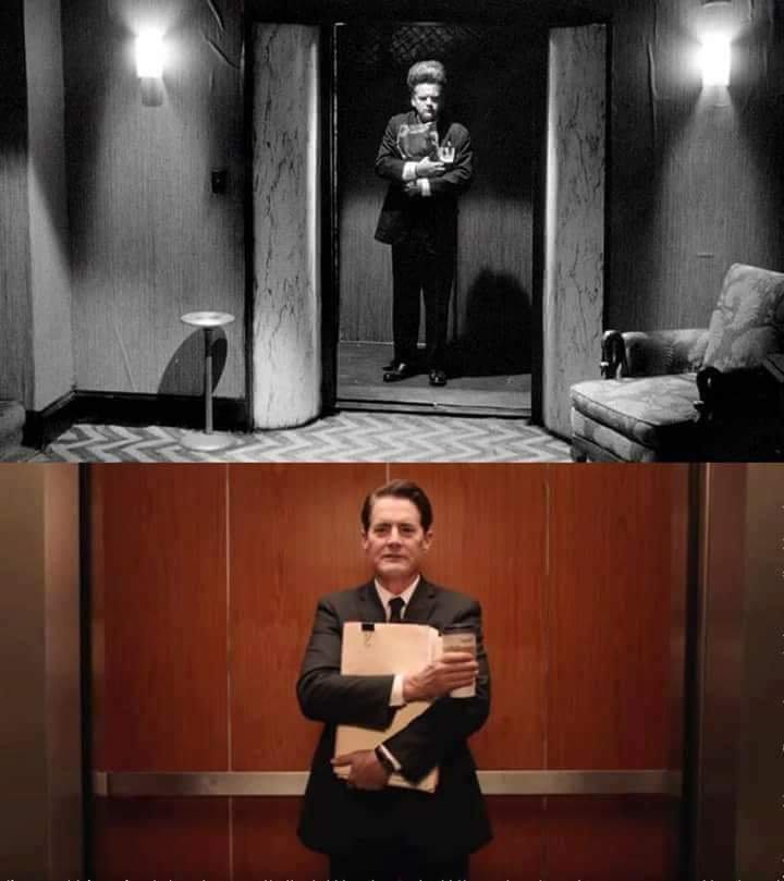 Split image: Henry in an elevator clutching stuff, and Dougie also in an elevator, clutching files and coffee