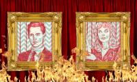 Two 3-D Portraits of Dale Cooper and Laura Palmer hang on a red curtain that's on fire.