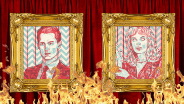 Two 3-D Portraits of Dale Cooper and Laura Palmer hang on a red curtain that's on fire.
