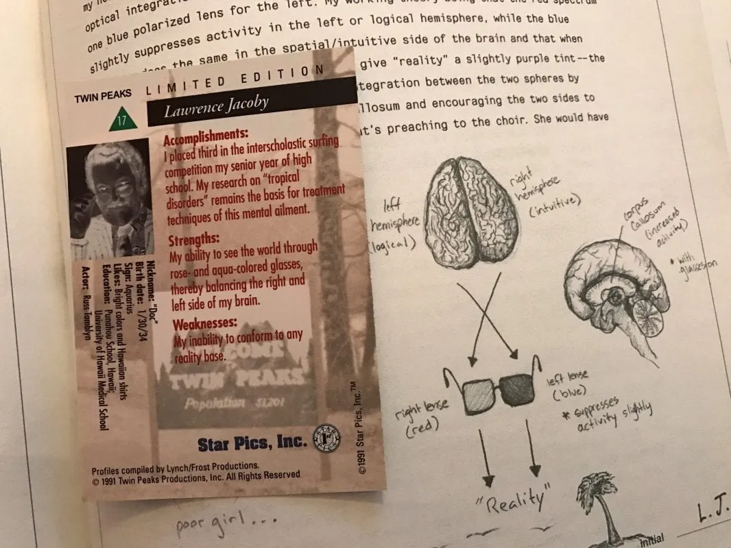 A Star Pics Twin Peaks trading card and page from Secret History of Twin Peaks discuss Dr. Jacoby’s colored glasses.