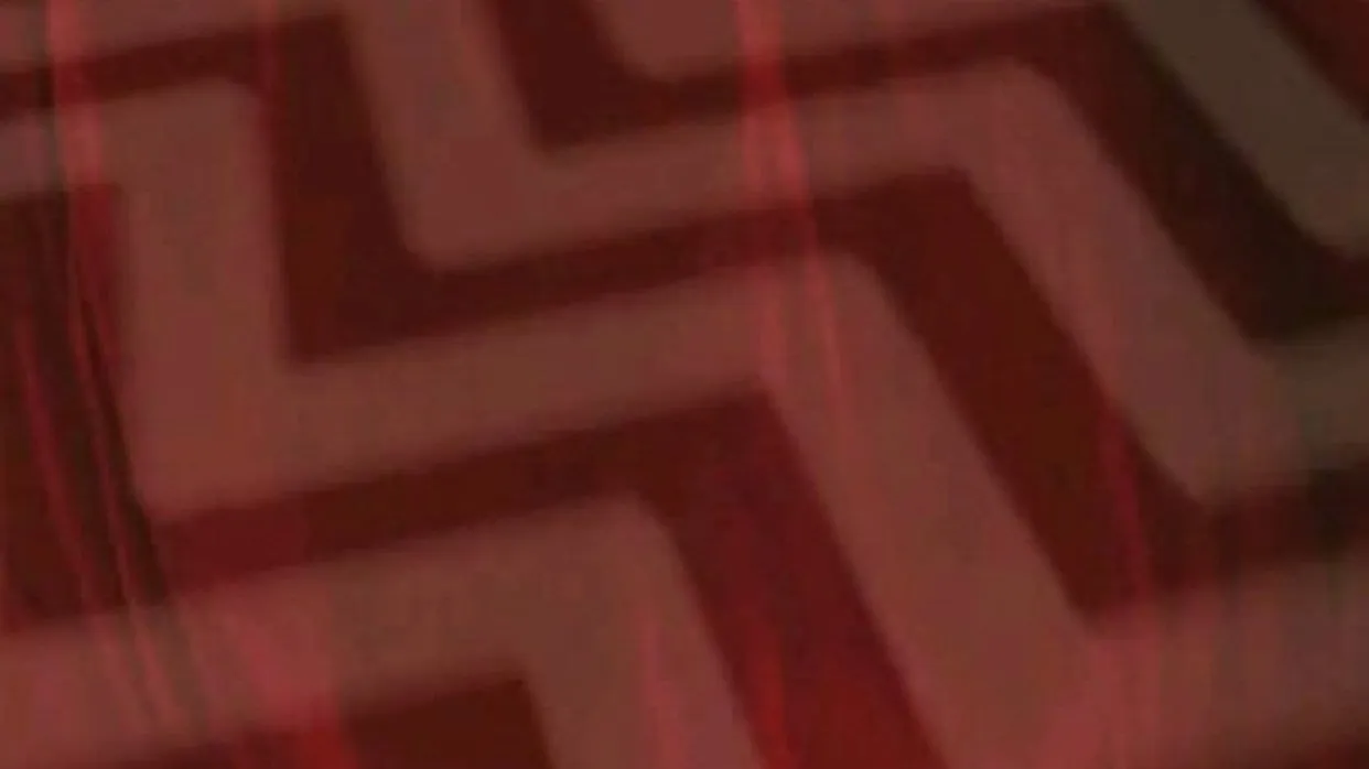 The image of the red room chevron floor pattern, layered with the red curtains.