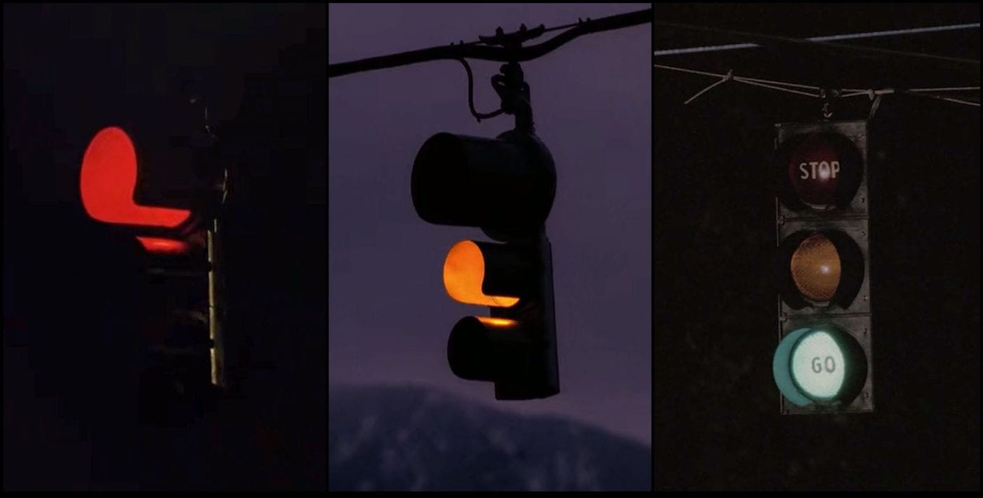 Traffic lights, swinging like wind chimes in Twin Peaks