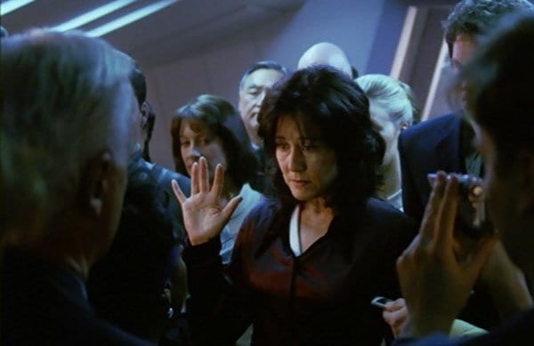 Laura Roslin (Mary McDonnell) takes the oath of office to become President of the Colonies in Battlestar Galactica