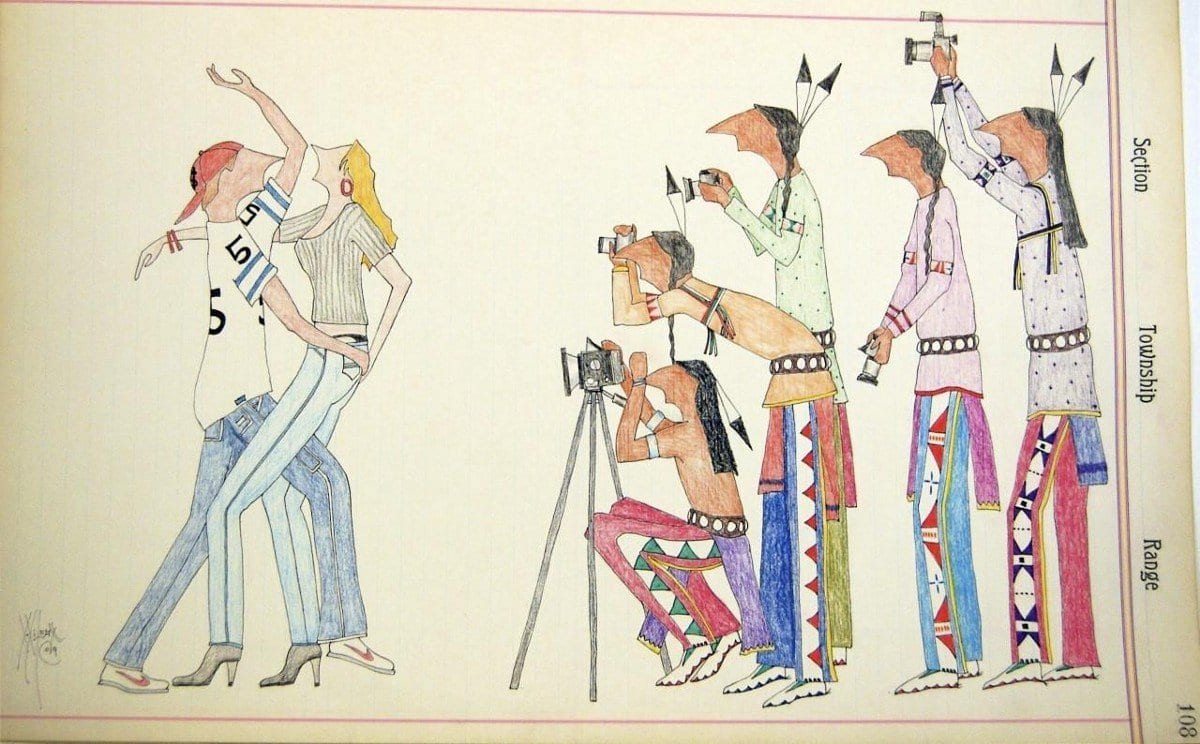 contemporary ledger drawing of Native Americans taking photographs of white Americans dancing sexually while wearing sports shirts