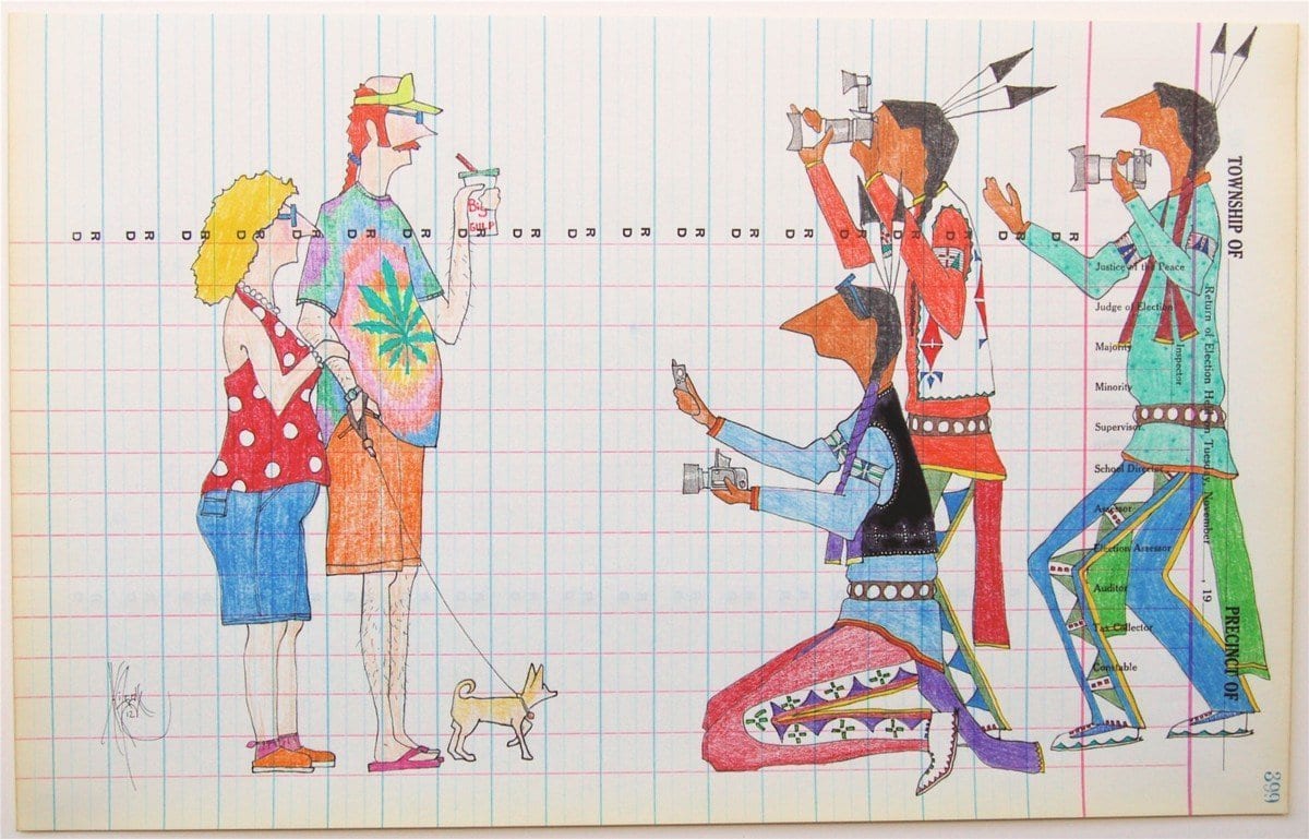 contemporary ledger drawings depicting Native Americans photographing white American tourists