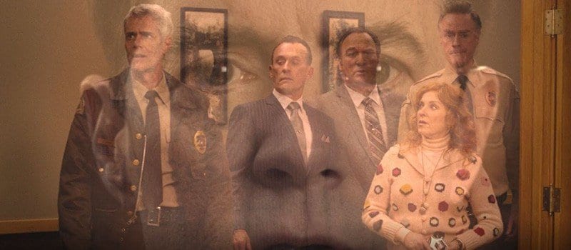 Coopers face superimposed over Bobby, The Mitchums, Lucy and Andy in the Sheriffs station