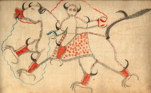 haokah drawing on ledger paper by Black Hawk , c. 1880. Note the electricity, teeth, yellow eyes