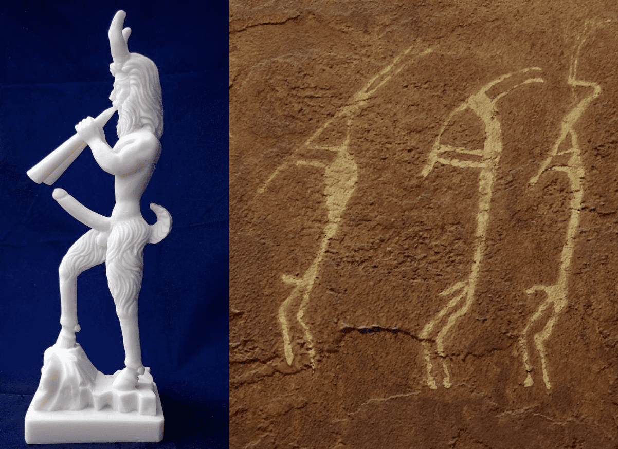 a figurine of kokopelli and some rock drawings of kokopelli