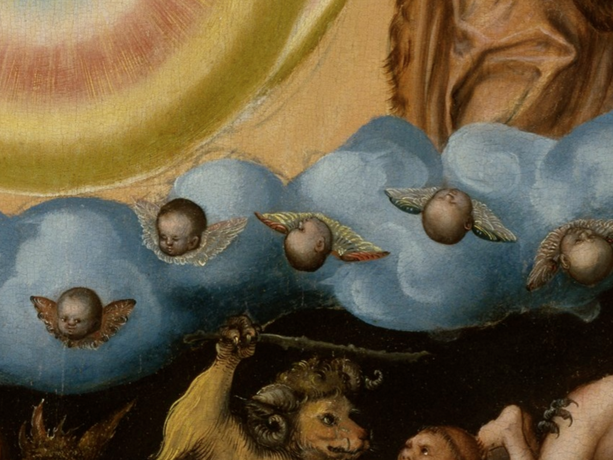 a painting of cherubic heads with angel wings travelling through a milky substance next to a golden orb