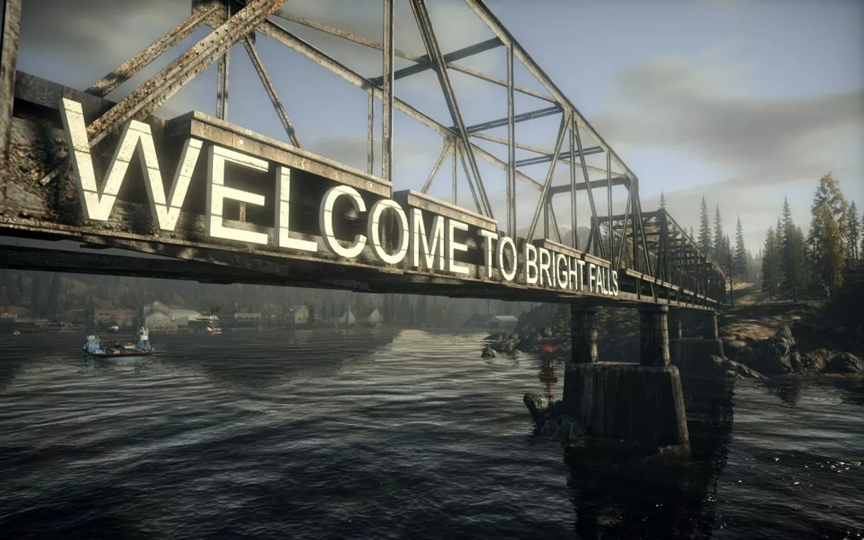 welcome to bright falls sign on a bridge
