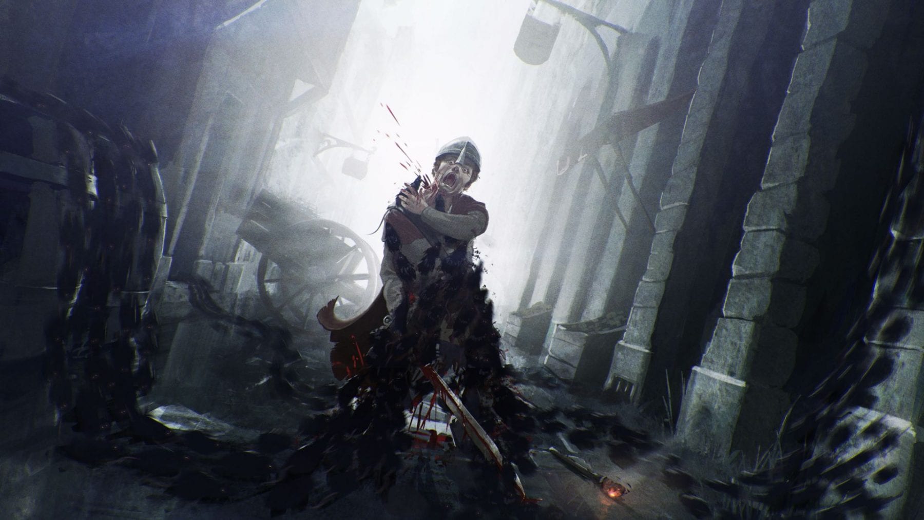 A guard being ripped apart by plague riddled rats in the upcoming game A Plague Tale: Innocence