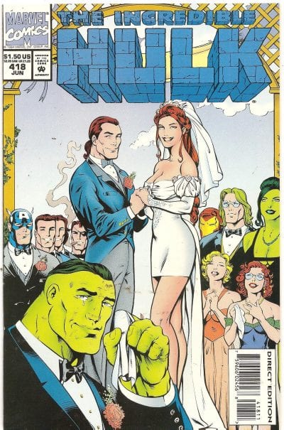 Rick and Marlo's wedding in Incredible Hulk 418 cover is drawn by Gary Frank.