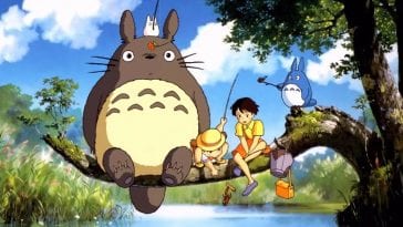 Totoro on tree branch over river with Satsuki and Mei fishing