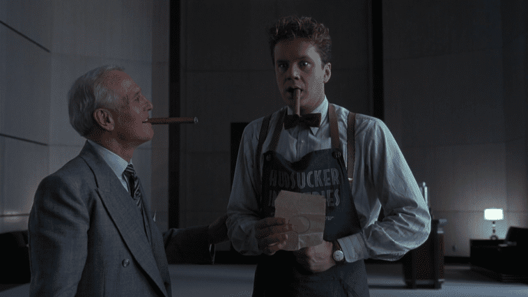 Paul Newman's Sid does his best to make a patsy out of Tim Robbin's Norville Barnes in The Hudsucker Proxy.