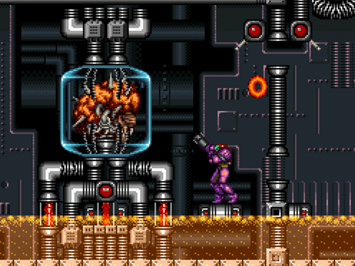 Samus facing Mother Brain in Super Metroid