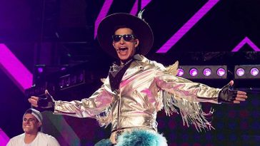 Andy Samberg performs in a flamboyant cowboy outfit as Conner4Real in Pop Star: Never Stop Never Stopping.