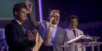 Adam Devine, John Goodman, and Danny McBride are on stage at their megachurch in The Righteous Gemstones