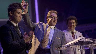 Adam Devine, John Goodman, and Danny McBride are on stage at their megachurch in The Righteous Gemstones