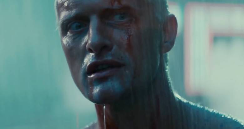 rutger hauer in blade runner with blood and rain dripping on his face