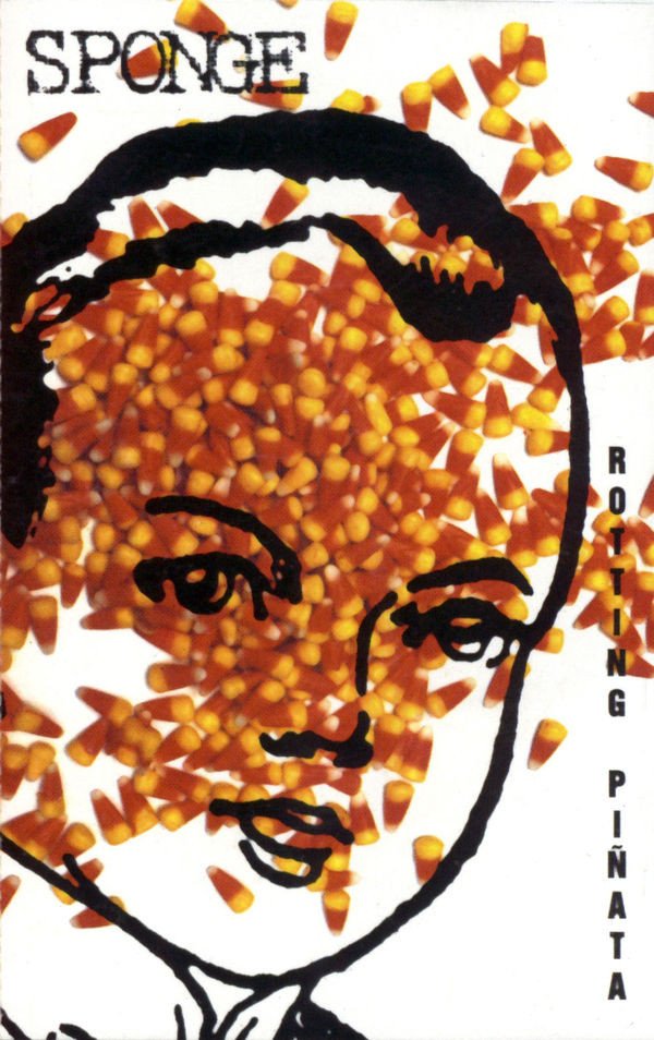 the cover of Sponge's Rotting Pinata is a pen and ink illustration of a person, filled with a mound of orange and yellowcandy corn