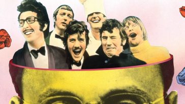 The Monty Python troupe stand up inside an animation of a man's head