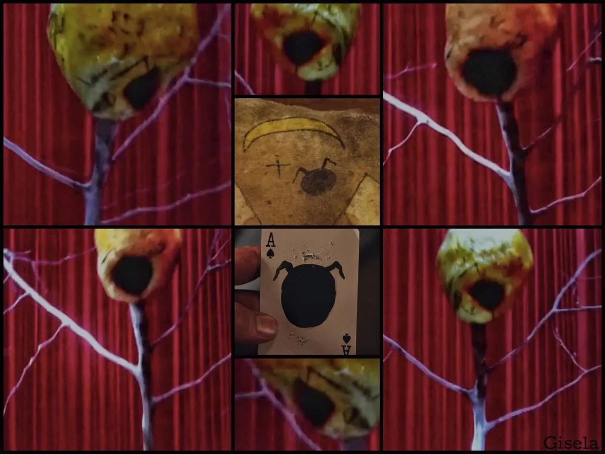 Collage by Gisela Fleischer, depicting the playing card with a winged black dot, as well as a number of angles of the character known as the doppelganger of the Evolution of the Arm, complete with pics of a black spot on the bottom of its mass that looks like that same black dot. 