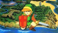 Link, a young boy in a green tunic crouches with a sword and shield. In the background the hills and fields of Hyrule are visible.