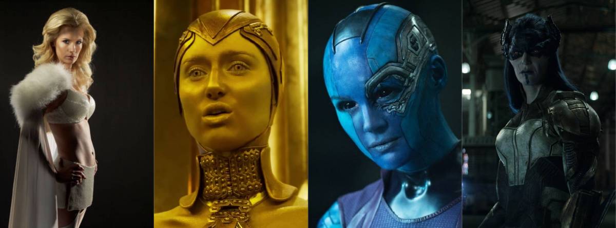 Panel of Four images showcasing female villains in Marvel films, including Emma Frost from X-Men, Ayesha and Nebula from Guardians of the Galaxy and Proxima Midnight from Infinity War