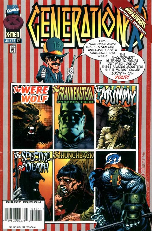 Generation X #17's cover has Stan Lee as a ringmast, introducing six monsters that are all Skin's disguises, while outside that grid on the bottom right, the X-Cutioner looks on befuddled.