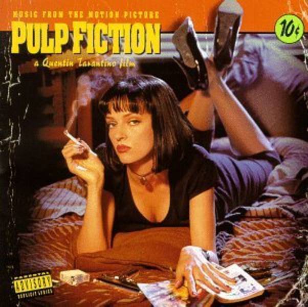 The iconic Pulp Fiction soundtreack cover has Uma Thurman laying on he stomach, facing us with an inscutable look, cigarette in her hand, trashy book in the other, and heeled shoes in the air.