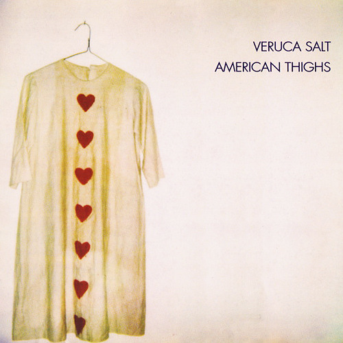 The album cover to Veruca Salt's American Thighs is a stark purple that is almost white, and a shirt hanging from a hanger on the left side. The white shirt has 7 red hearts on it, spaced straght down from the neck to the bottom.