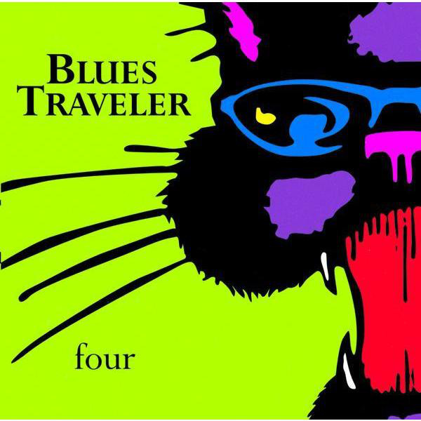 The cover to Blues Traveler's album Four is a striking close-up of a purple jazz cat with a wide open red mouth and blue sunglasses on a green background.