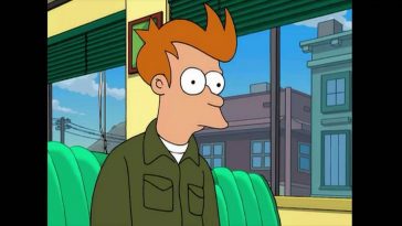 Fry looks bewildered as he sits in a diner